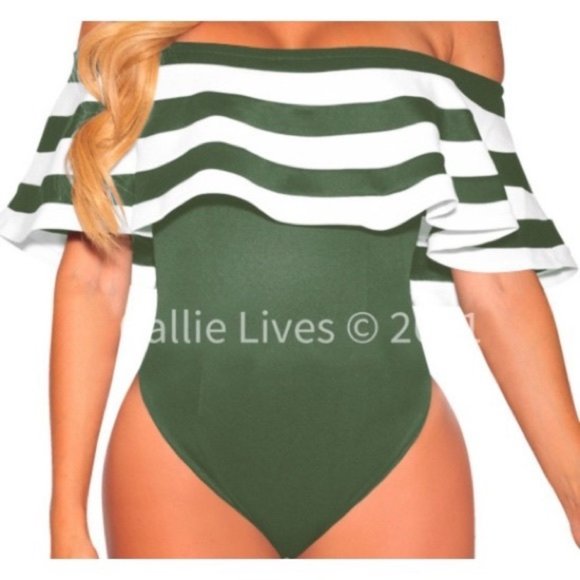 Callie Lives Tops - Callie Ruffle: Green Bodysuit Stripe Shoulder Top